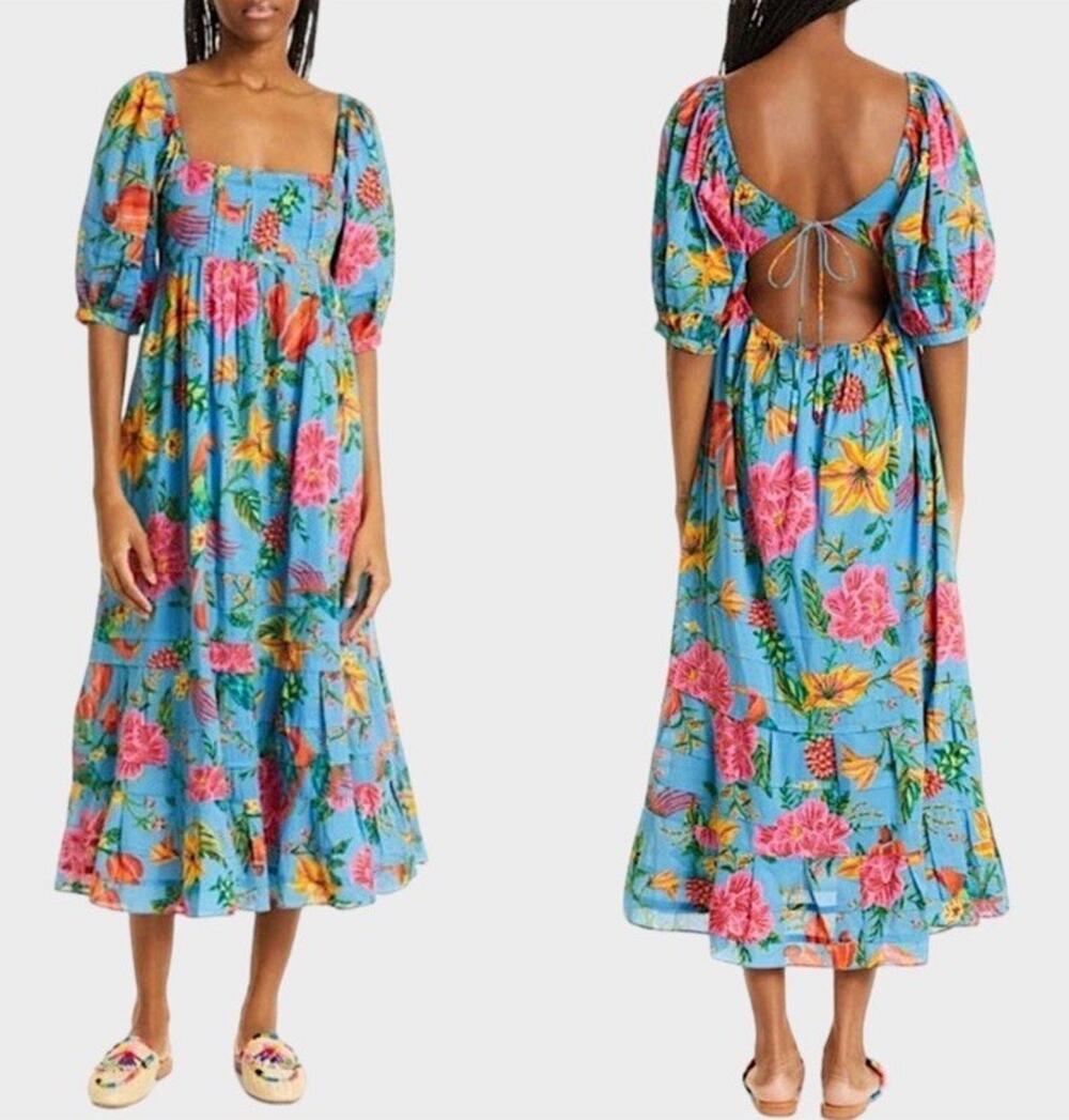 FARM Rio Toucans Garden Blue Floral Cotton Midi Dress M Open Back